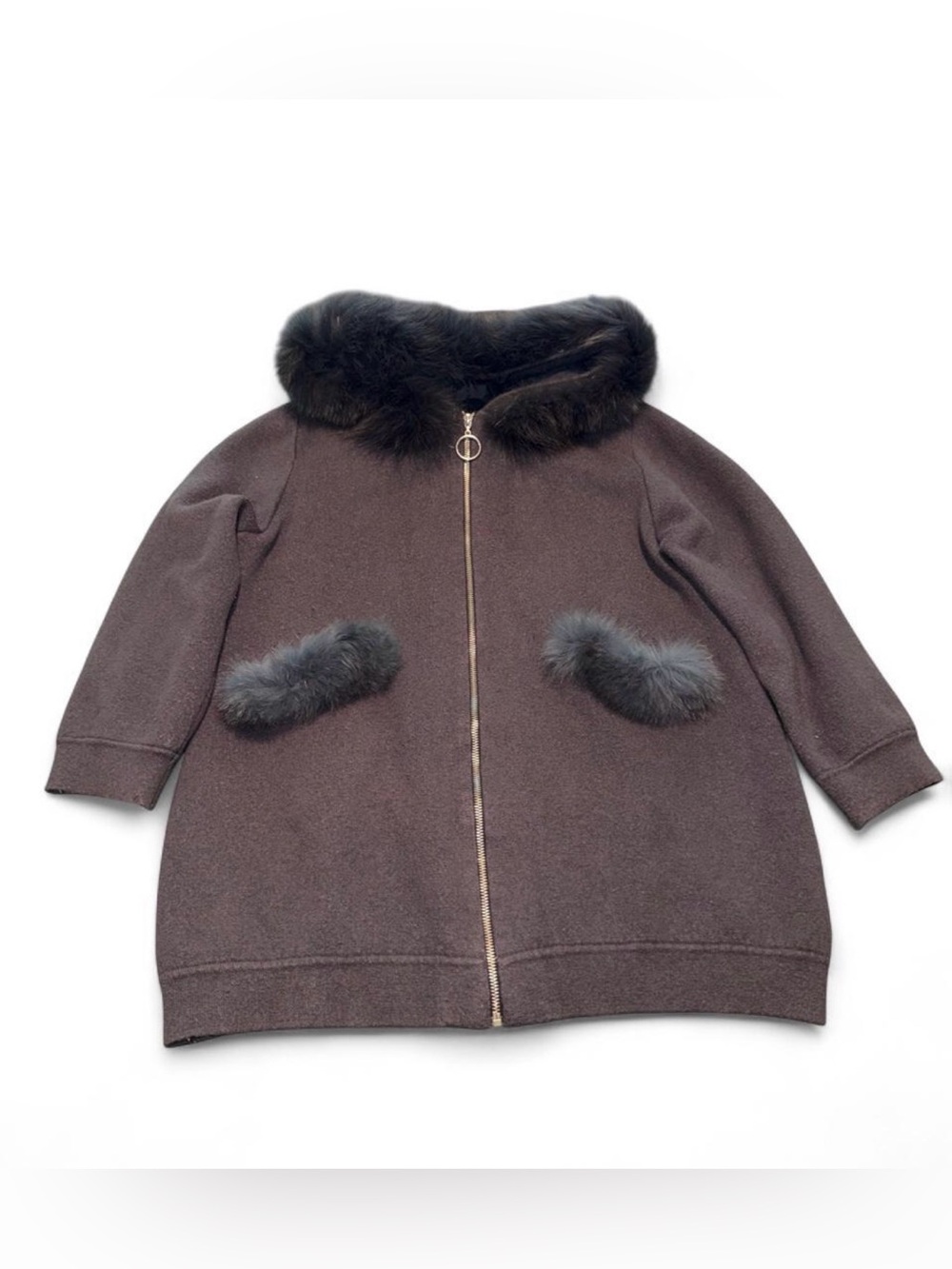 Gray lined zip up hoodie with rabbit fur trim on hood and pockets
